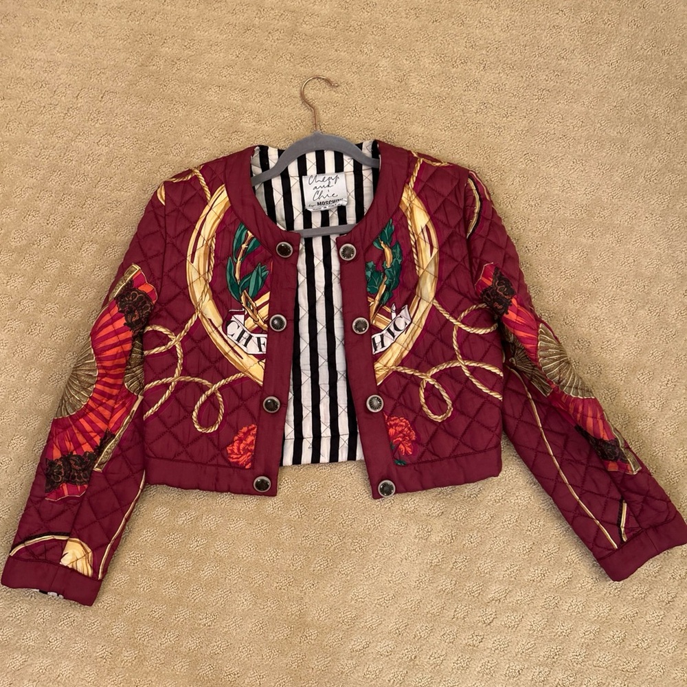 Moschino Cheap and Chic Cropped Quilted Burgundy Heart Jacket EU 42 US 6/8